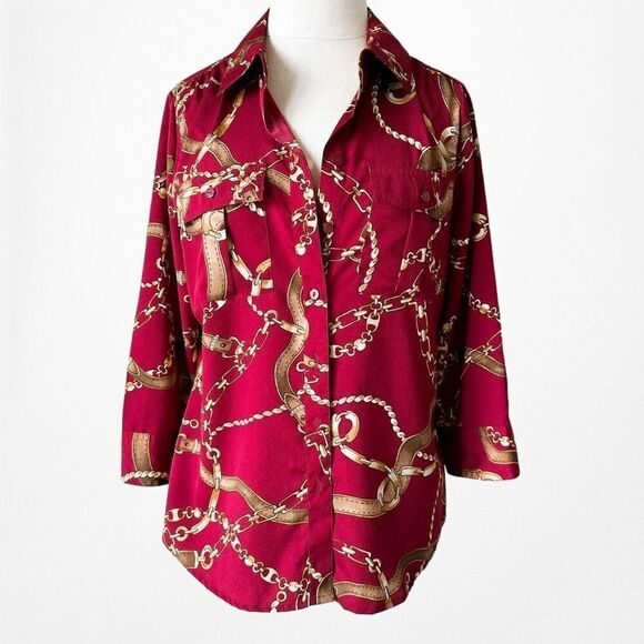 Vintage Y2K Croft & Barrow Printed Burgundy Red Button Down Shirt Top Size S - Picture 3 of 5